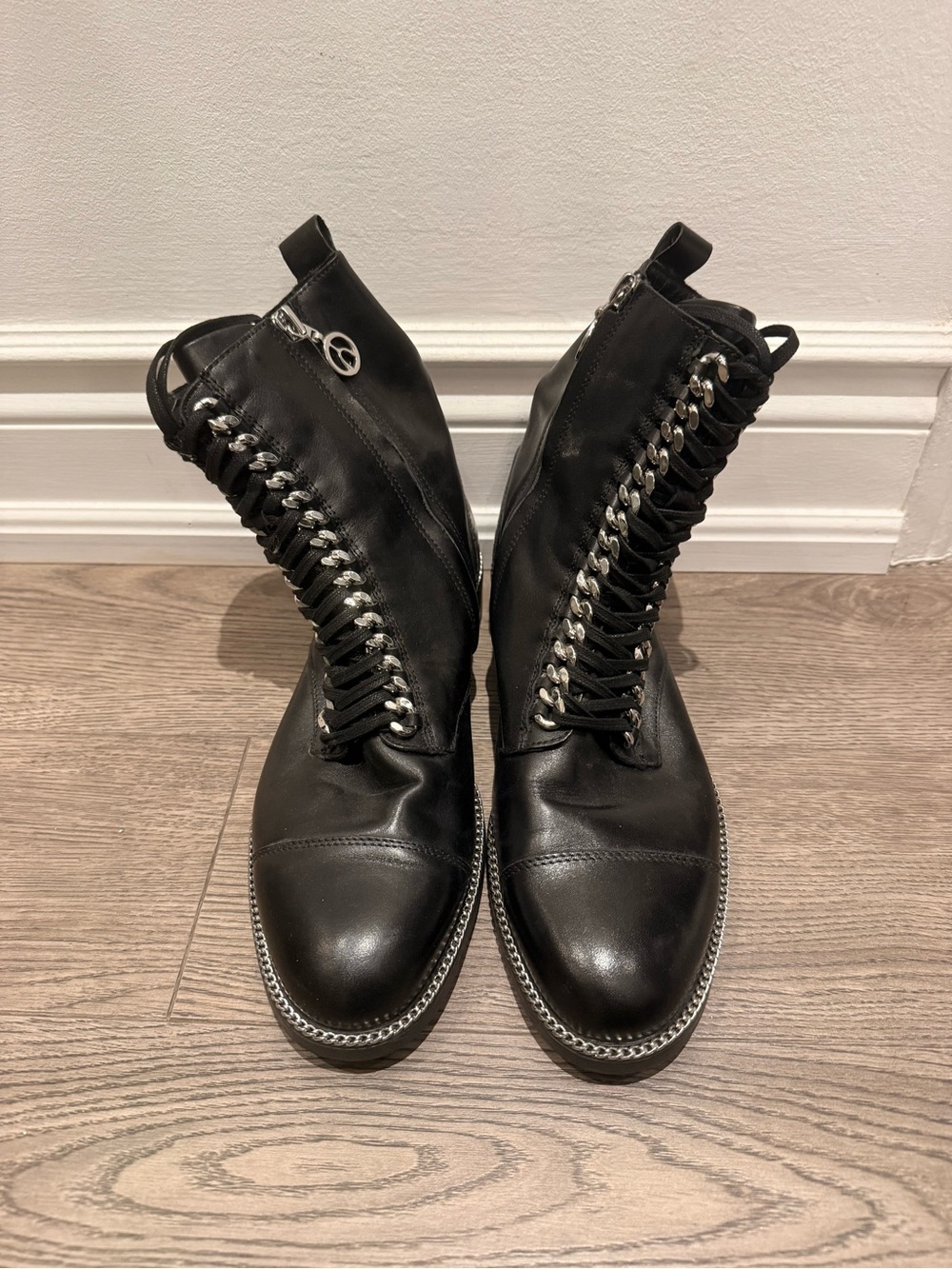 Black Leather Lace-Up Ankle Boots with Silver Chain Trim